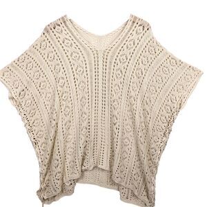 Womens Smock Crochet Popover Top Loose Knit Cream Tassles Boho Cottagecore VTG